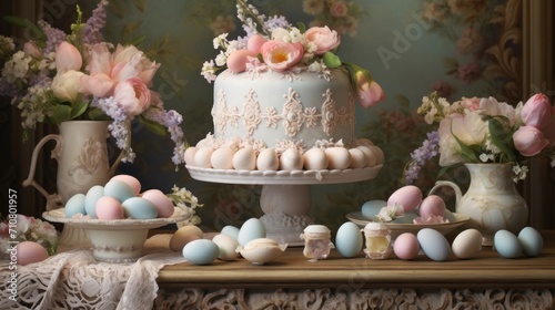  a white cake sitting on top of a table next to vases filled with flowers and eggs on top of a table.