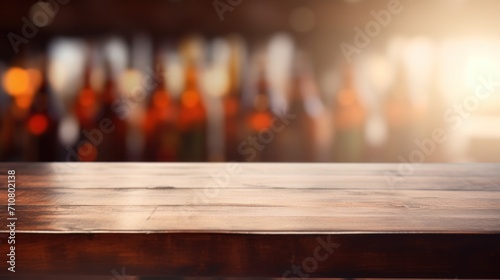  a wooden table top in front of a blurry background of bottles of wine in a wine shop or restaurant. photo