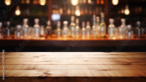  a wooden table top in front of a blurry bar with bottles on the wall and lights in the background.