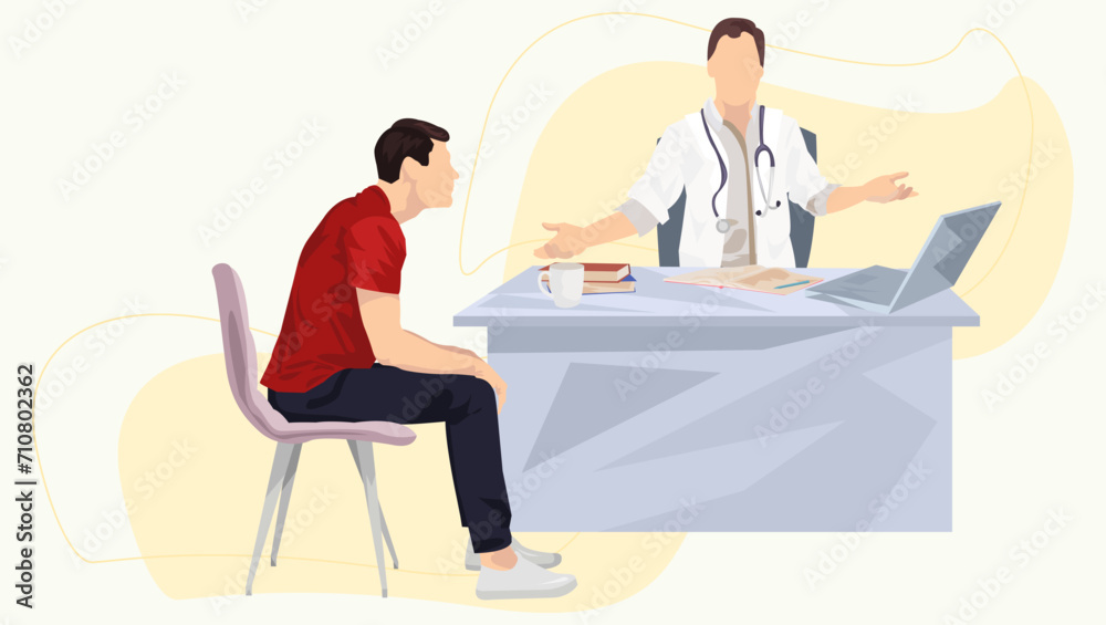 Consultation illustration. Man, doctor, stethoscope, table. Editable vector graphic design. Consultation illustration. Man, doctor, stethoscope, table. Editable vector graphic design.