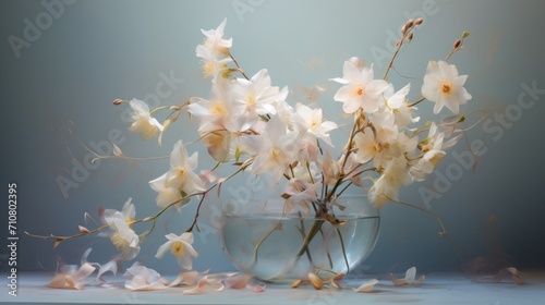  a vase filled with white flowers sitting on top of a table next to a glass vase filled with white flowers.