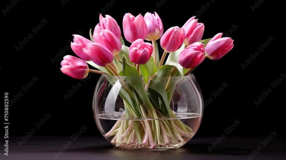  a vase filled with pink tulips sitting on top of a black table next to a glass vase filled with water.
