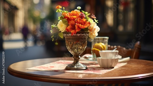  a vase filled with flowers sitting on top of a table next to a cup of coffee and a plate of fruit.