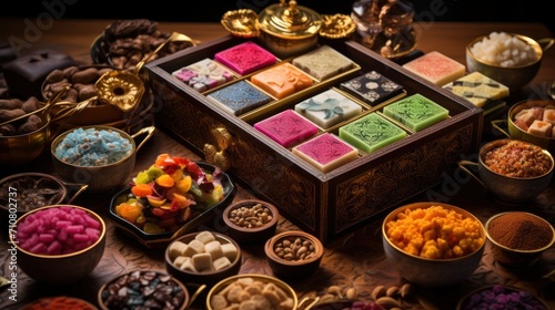  a wooden box filled with lots of different types of candies next to bowls of different types of candies. © Olga