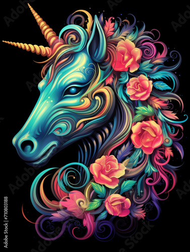 t-shirt design  the colorful unicorn head is on a black background created with Generative Ai