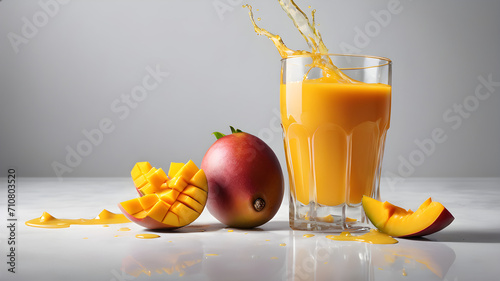 Glass of mango juice with liquid splashes on orange background