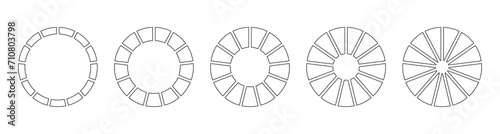 Circle division on 13 equal parts. Wheel divided diagrams with  thirteen segments. Set of simple infographic. Coaching blank. Circles section graph line art. Outline donut charts or pies icons.