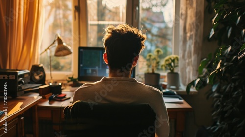 Person Working at Home Office During Sunset. with monitor. work from home concept