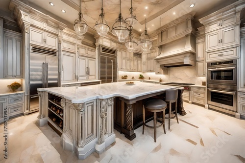 A gourmet kitchen in a luxury home with top-of-the-line appliances, a massive marble island, and a butler's pantry for entertaining. © COLLECTION OF AI