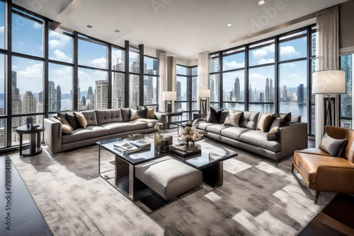 A modern luxury living room with high-end furnishings  an open-concept design  and a wall of windows offering breathtaking views.