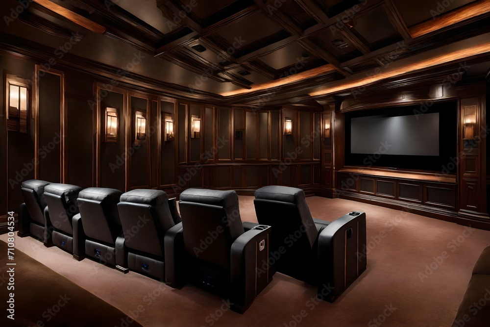 A home theater with plush reclining seats, a state-of-the-art sound system, and a giant screen for an immersive cinematic experience. A home theater with plush reclining seats, a state-of-the-art sound system, and a giant screen for an immersive cinematic experience.
