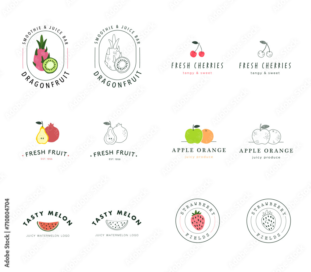 Fruit Vector Logos Designs. Fruit produce logos, line drawing. Dragonfruit, strawberry, kiwi, apple, orange, watermelon, cherries, pear.