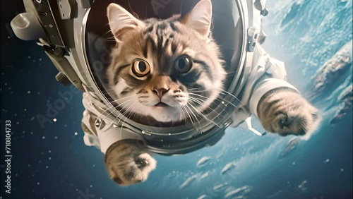Cat in Space Suit Floating in Water, An Unusual Sight of Feline Astronaut Exploring Aquatic Abyss photo