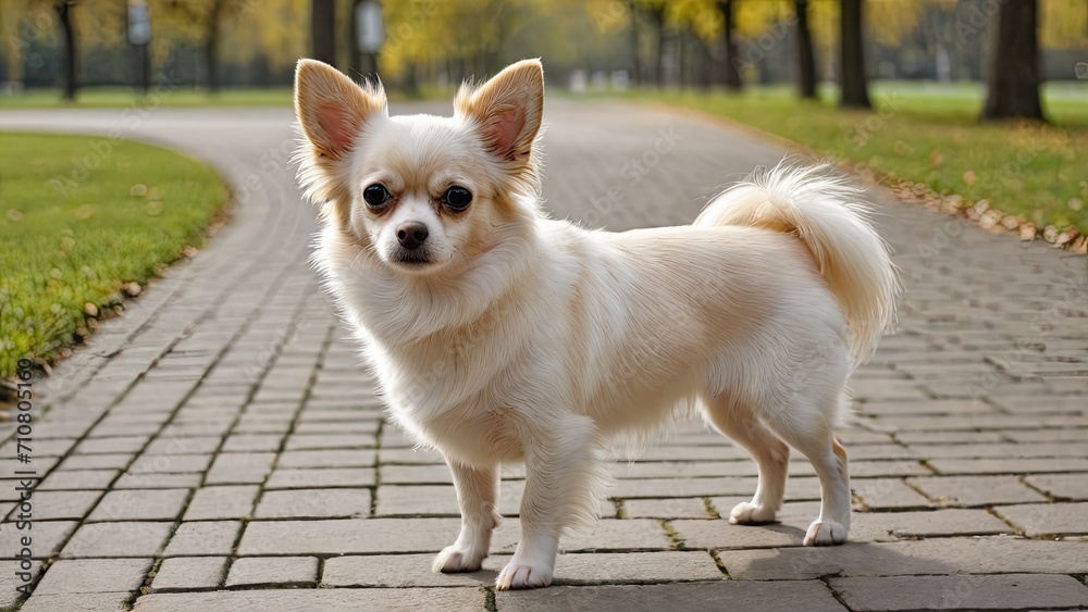 Cream long coat chihuahua dog walking in the park Cream long coat chihuahua dog walking in the park