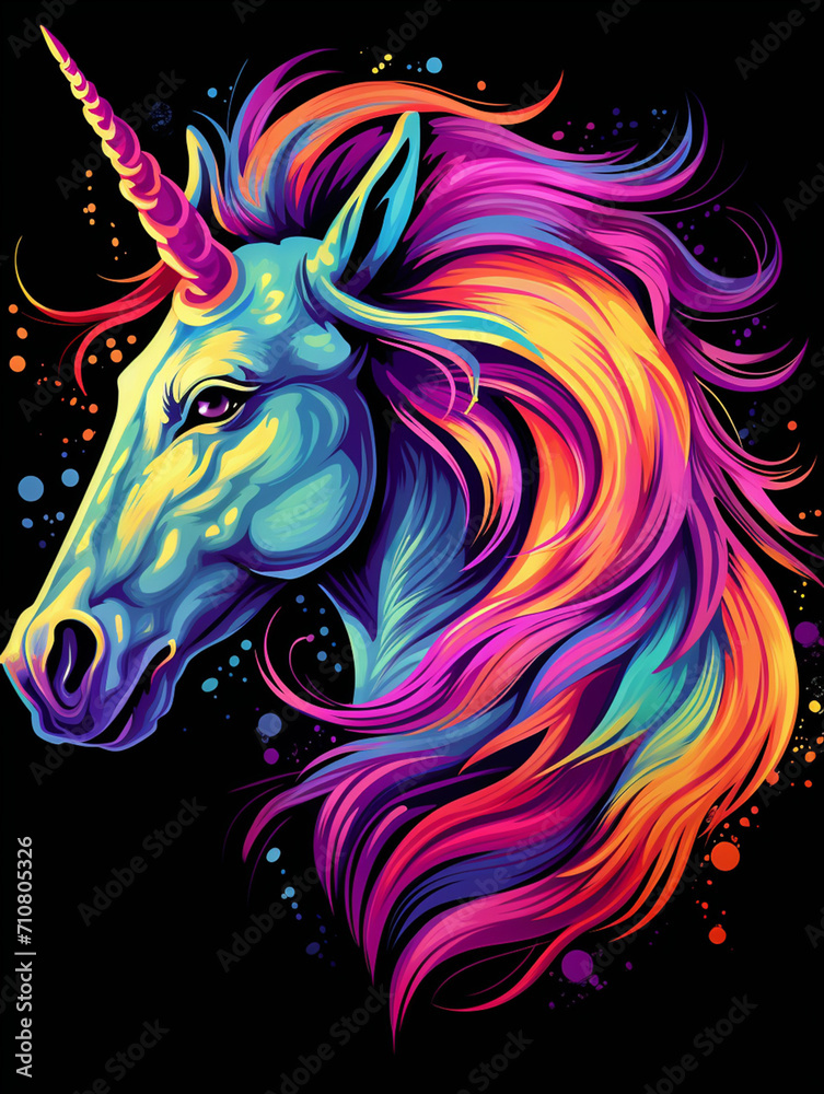 Fototapeta premium t-shirt design, a colorful unicorn head with rainbow mane created with Generative Ai