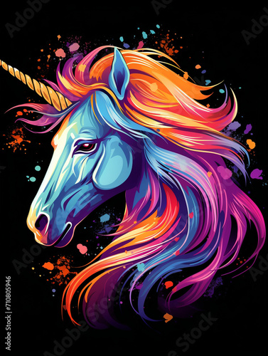 t-shirt design, a colorful unicorn head with rainbow mane created with Generative Ai