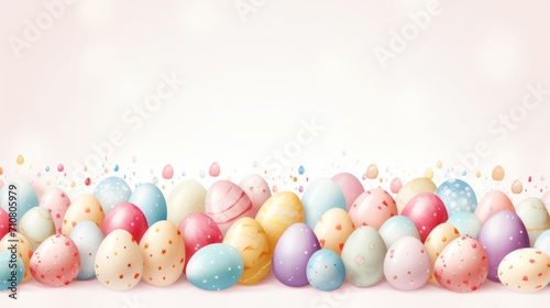  a group of colorful easter eggs with confetti sprinkles on a pink background with a place for text.