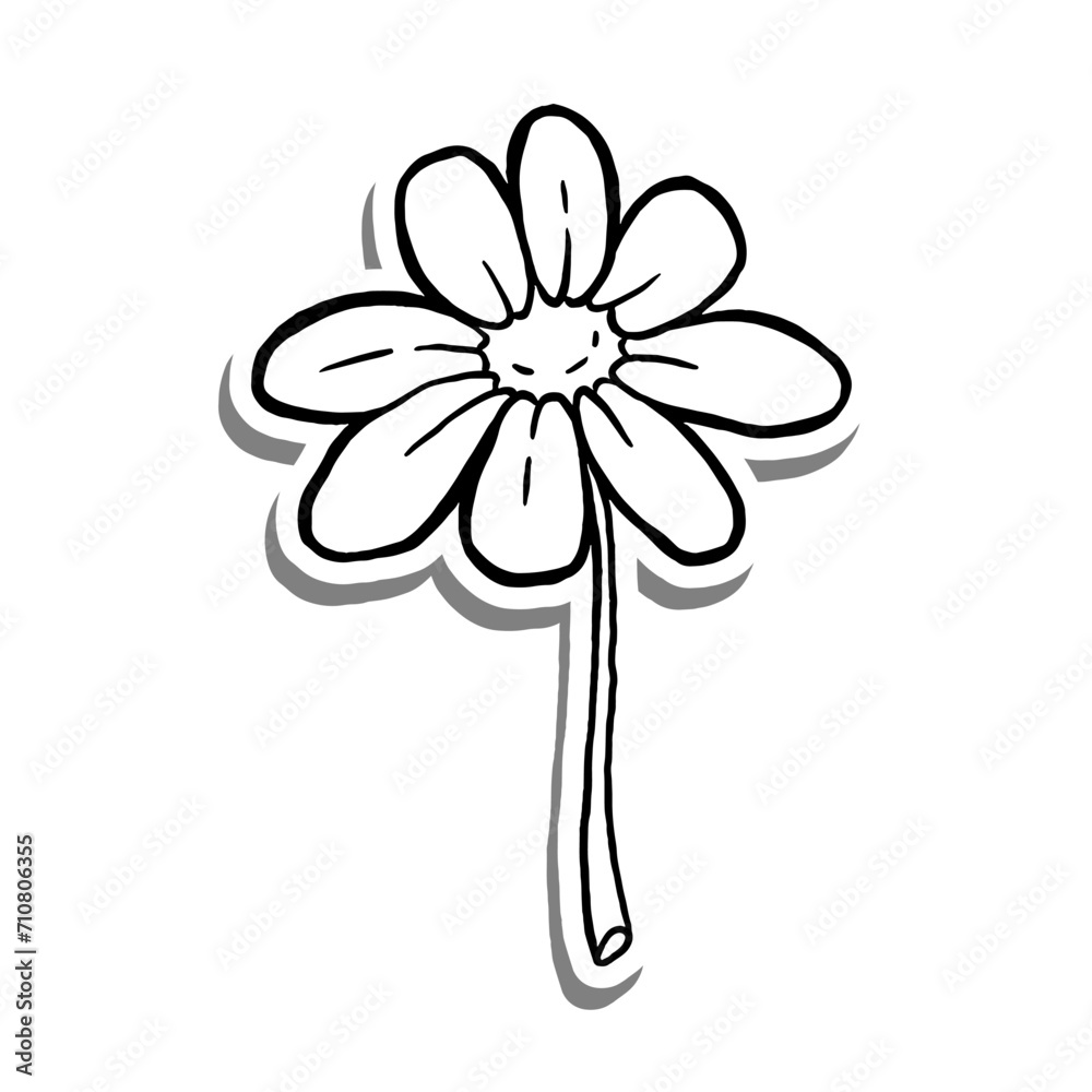 Black line Single Daisy Flower Bloom on white silhouette and gray shadow. Hand drawn cartoon style. Vector illustration for decorate, coloring and any design. Black line Single Daisy Flower Bloom on white silhouette and gray shadow. Hand drawn cartoon style. Vector illustration for decorate, coloring and any design.