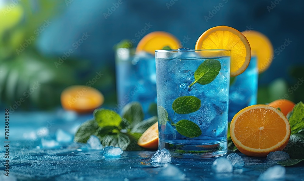 Fototapeta premium Blue background with blue transparent drink with ice.