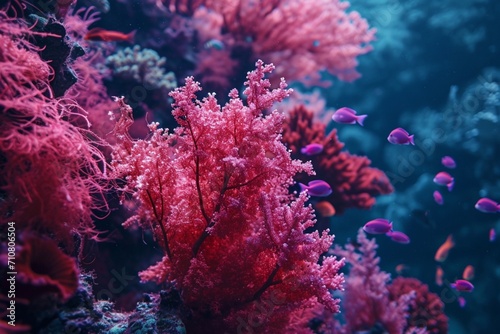 A vibrant coral reef with neon bright pink veins in the coral and fish,