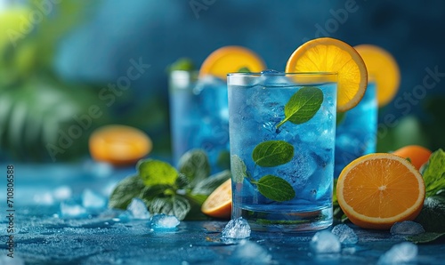 Blue background with blue transparent drink with ice.