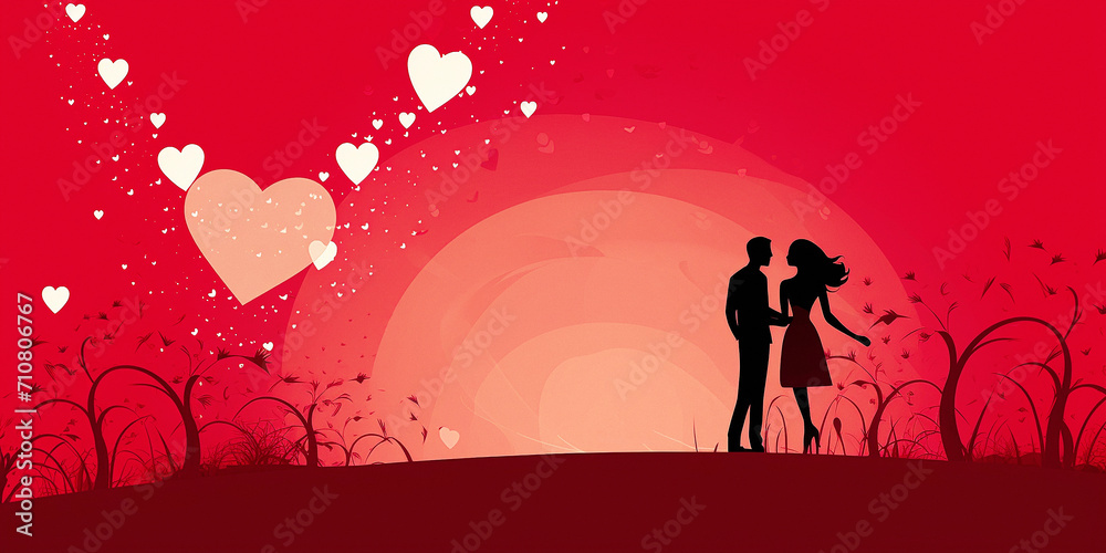 Valentine's Day. Silhouette of a young couple in love kissing, vector art, illustration on a red background. Symbol of love-heart, romance. Banner, holiday card with place for text