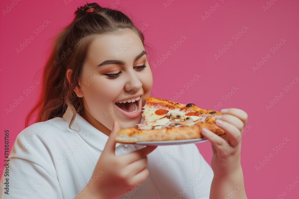 A Happy fat girl Eating pizza, Opening Mouth, wearing an extremely tight short sleeve white shirt. A Happy fat girl Eating pizza, Opening Mouth, wearing an extremely tight short sleeve white shirt.