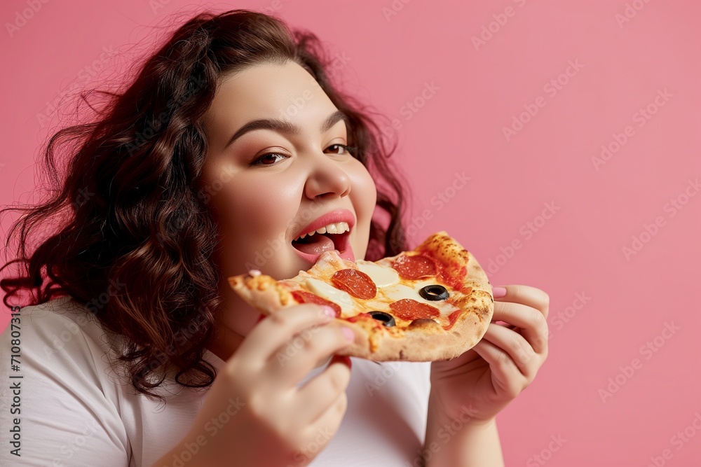 A Happy fat girl Eating pizza, Opening Mouth, wearing an extremely tight short sleeve white shirt.