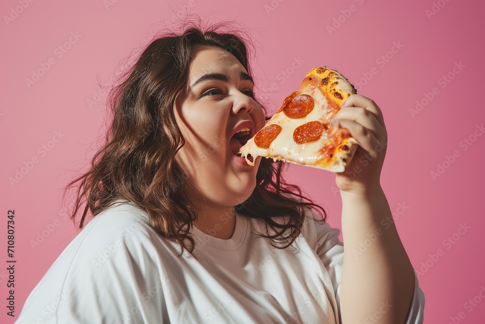 A Happy fat girl Eating pizza, Opening Mouth, wearing an extremely tight short sleeve white shirt. A Happy fat girl Eating pizza, Opening Mouth, wearing an extremely tight short sleeve white shirt.