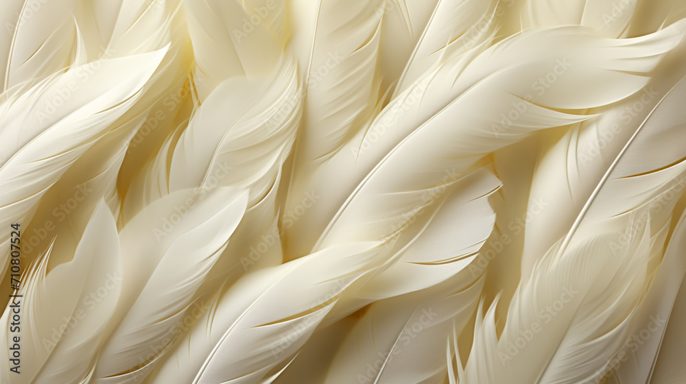 Beautiful fluffy white feather, abstract feather on white background. High resolution. Copy space for design and text. Pastel beige and white colors. High resolution. - obrazy, fototapety, plakaty 