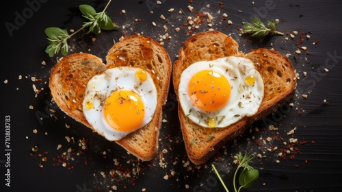  two pieces of toast with two fried eggs on top of them and sprinkled with herbs on a black surface.
