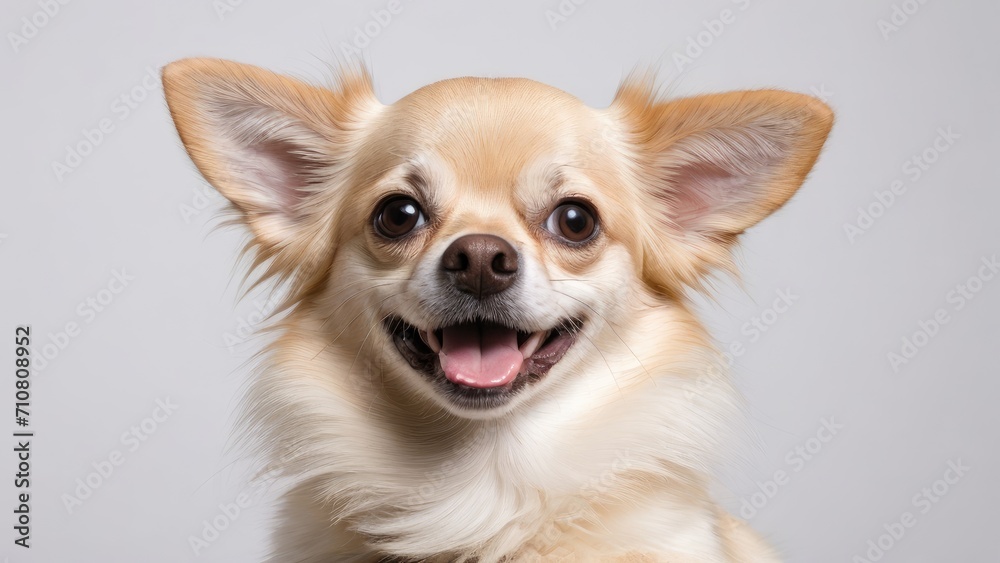 Portrait of Cream long coat chihuahua dog on grey background