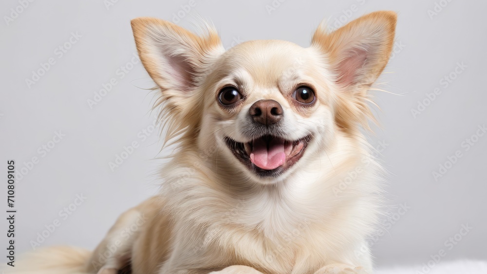 Portrait of Cream long coat chihuahua dog on grey background Portrait of Cream long coat chihuahua dog on grey background
