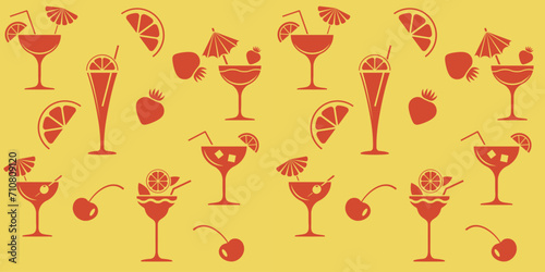 Cocktails decorated with fruit. Seamless background, pattern for the design of shop windows of a cafe, restaurant, kiosk, menu.