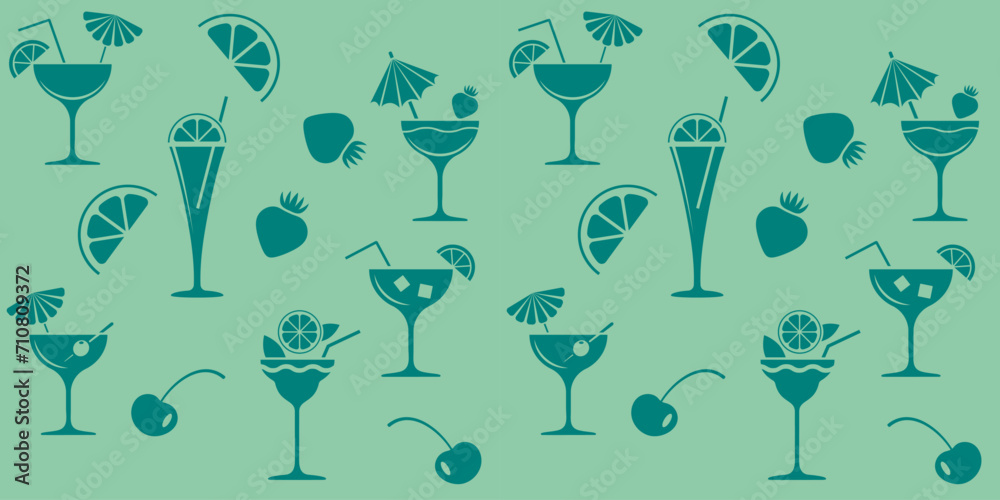 Seamless green background, pattern for the design of shop windows of a cafe, restaurant, kiosk, menu. Cocktails decorated with fruit. Seamless green background, pattern for the design of shop windows of a cafe, restaurant, kiosk, menu. Cocktails decorated with fruit.