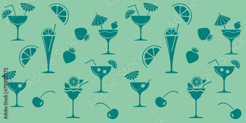Seamless green background, pattern for the design of shop windows of a cafe, restaurant, kiosk, menu. Cocktails decorated with fruit.