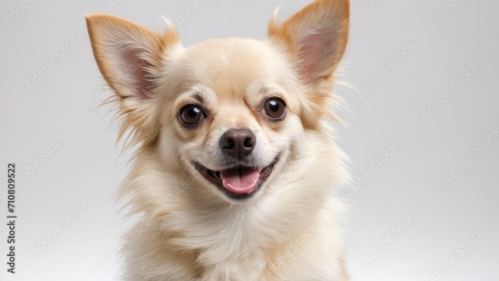 Portrait of Cream long coat chihuahua dog on grey background Portrait of Cream long coat chihuahua dog on grey background