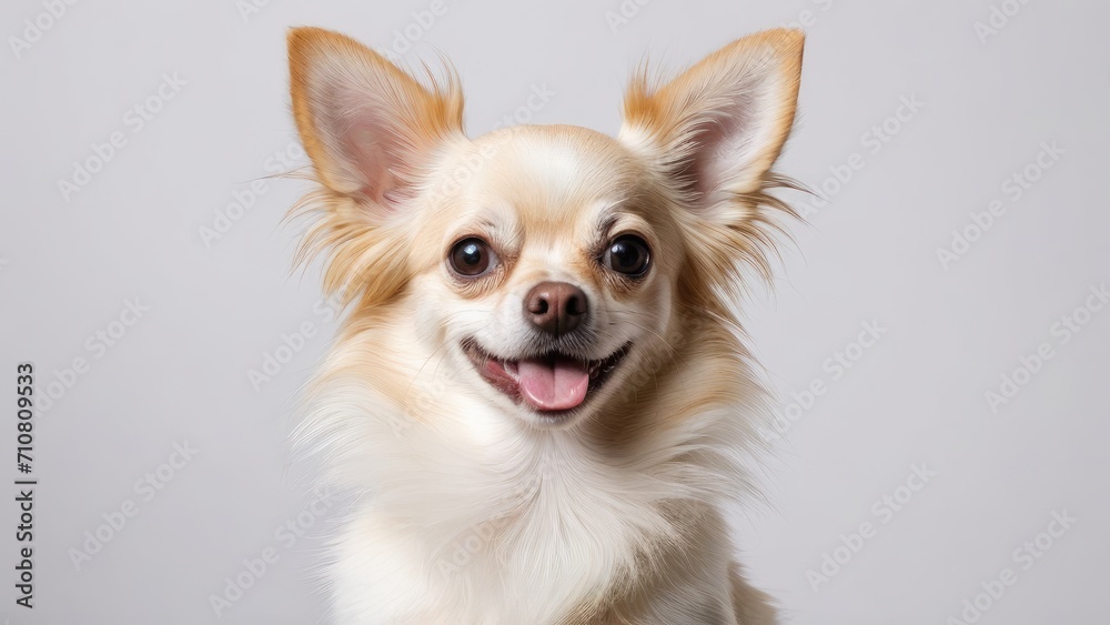 Portrait of Cream long coat chihuahua dog on grey background Portrait of Cream long coat chihuahua dog on grey background