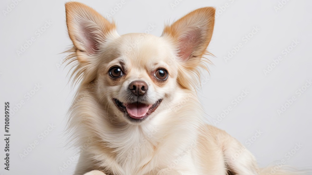 Portrait of Cream long coat chihuahua dog on grey background Portrait of Cream long coat chihuahua dog on grey background