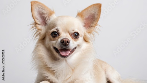 Portrait of Cream long coat chihuahua dog on grey background © QuoDesign