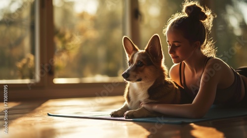 fitness with dogs, a girl does exercises with her corgi dog, new trend of yoga and pilates