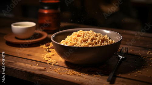 Instant noodles placed on a wooden table.