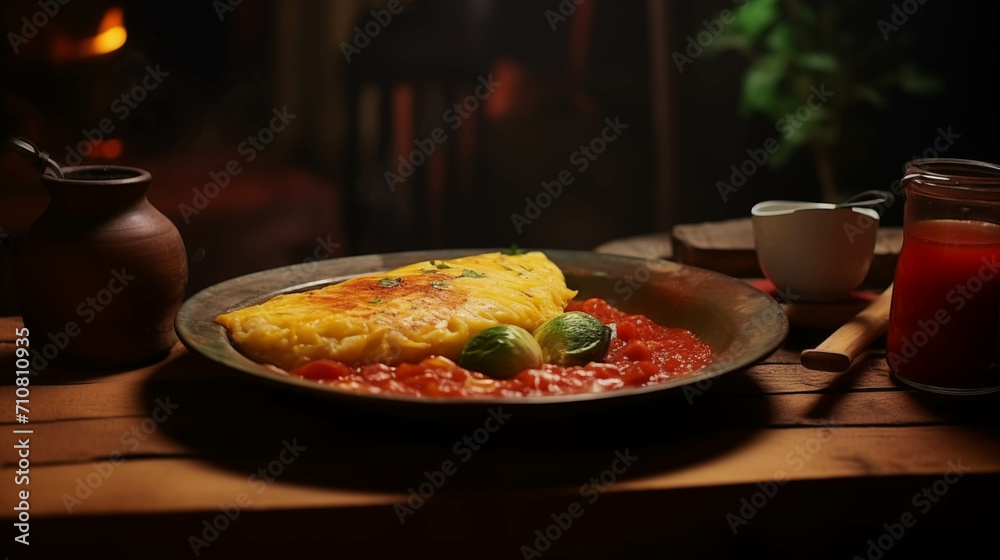 Omelette rice is on the wooden table in the kitchen.