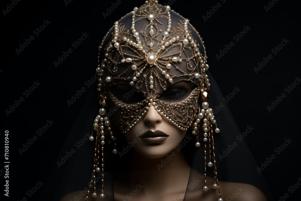 A carnival mask, intricately adorned with pearls, standing out against a stylish black backdrop