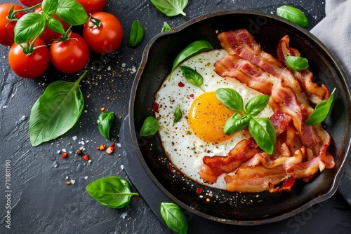 A pan with fried egg, bacon and some fresh basil leaves, top view. AI generative