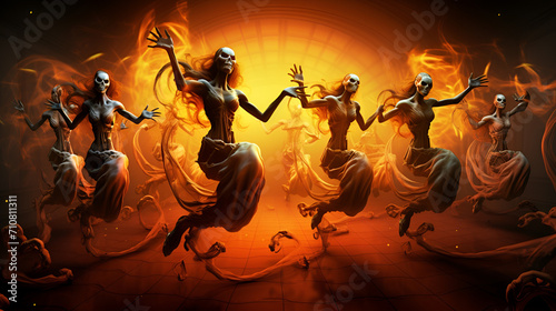 silhouettes of several women dancing a ritual traditional spiritual dance for fun into the sunset, orange sunlight,Witches dance a ritual dance in the forest


