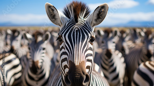 close up from a zebra surrounded with black and white stripes in his herd photo