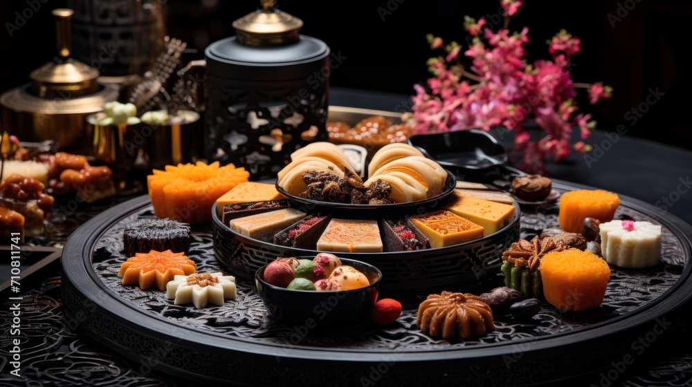  a table topped with a tray filled with lots of different types of cakes and desserts on top of it.