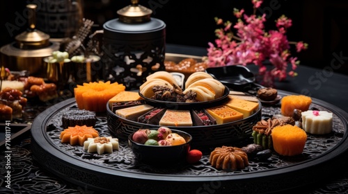  a table topped with a tray filled with lots of different types of cakes and desserts on top of it.