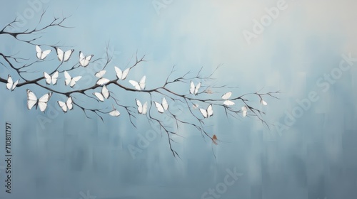  a painting of a tree branch with white leaves and a bird perched on the branch with a blue sky in the background.